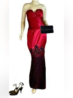 BELSOIE RED & BLACK STRAPLESS MERMAID STYLE SATIN BEADED GOWN (6)